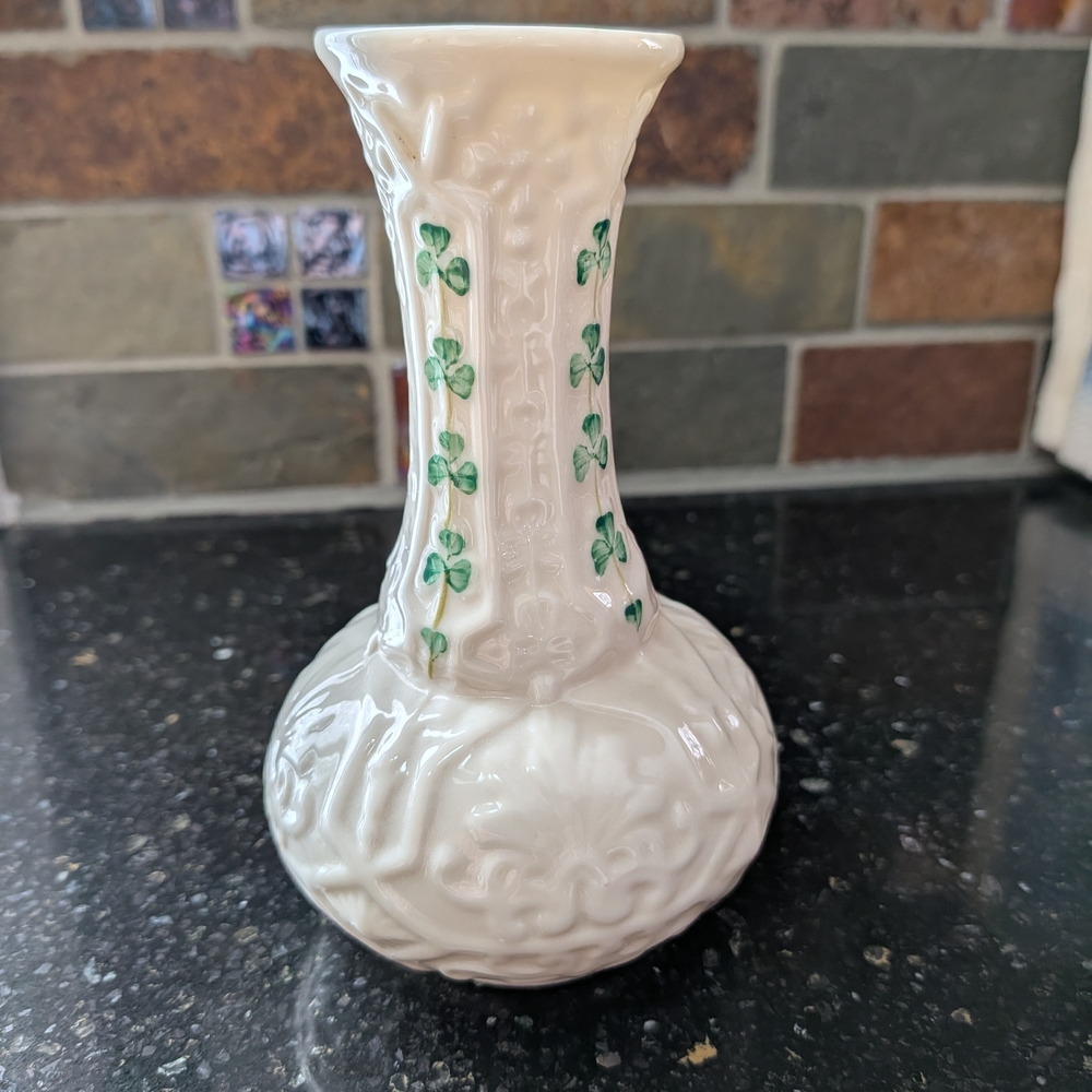 Belleek White and Green Shamrock Vase